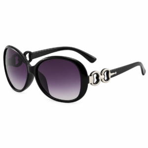 Black oversized sunglasses with purple gradient lenses and silver-tone linked details, model 9509